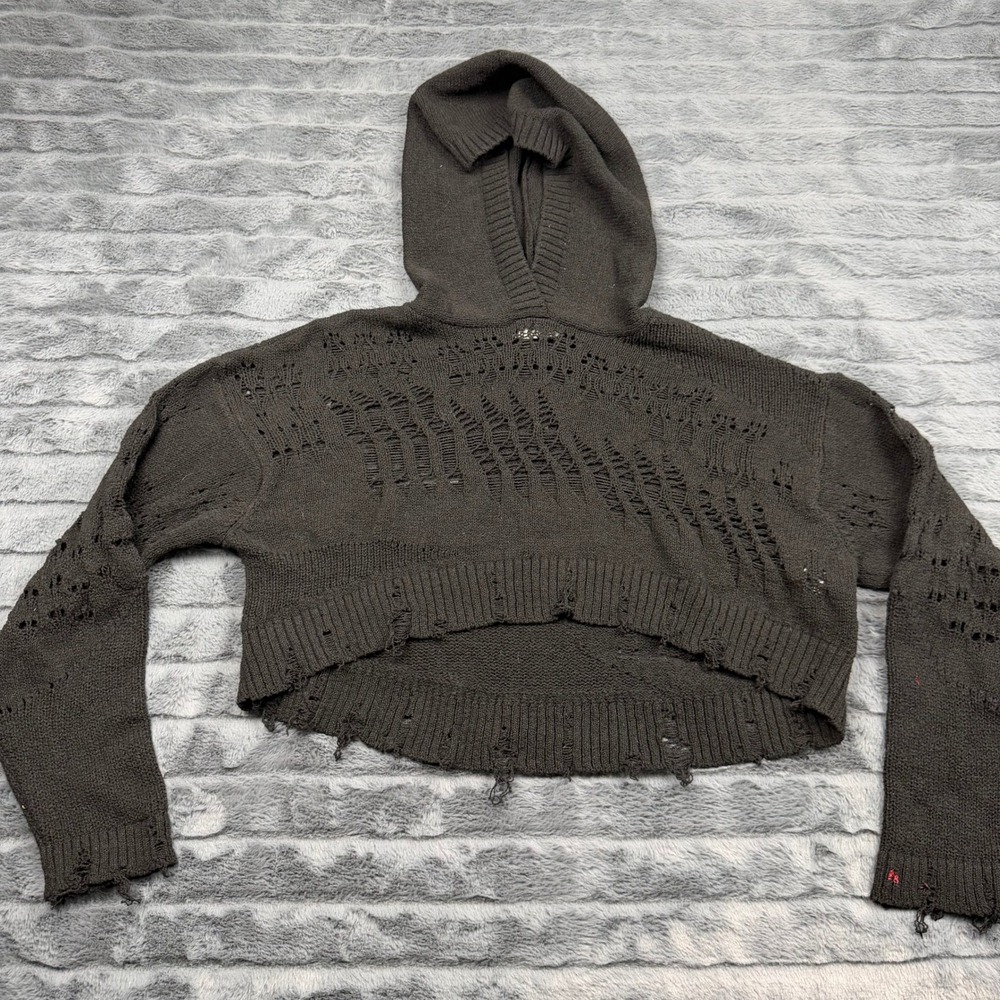 Zara Distressed Cropped Knit Hoodie XS Black Open Knit Shredded Grunge Sweater
